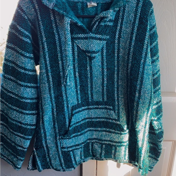 Sweaters - Blue Vertical Striped Sweater with V-neck beach bum boho